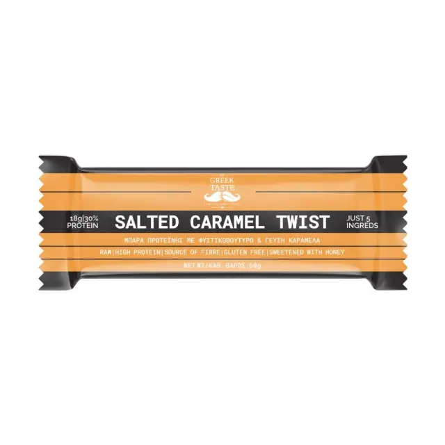 Salted Caramel Twist Premium Raw Μπάρα Πρωτεΐνης 30% Χωρίς Γλουτένη - myGreekTaste - 60gr 5214002412852