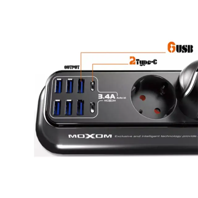 Moxom MX-ST05 Πολύπριζο 4 Θέσεων με 6 USB και Καλώδιο 2m Μαύρο 2