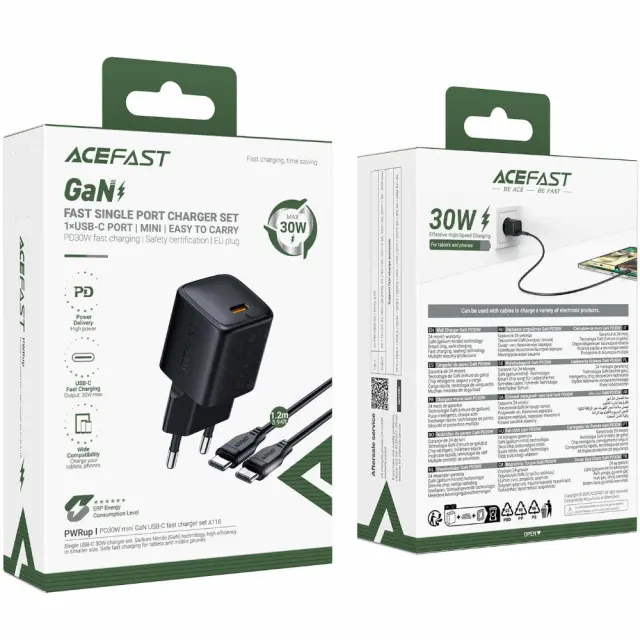 Φορτιστής Ταξιδίου Acefast A118 Mini Fast Charging 1xUSB-C PD30W QC3.0 GaN με USB-C σε USB-C Καλώδιο 1.2m Μαύρος 2