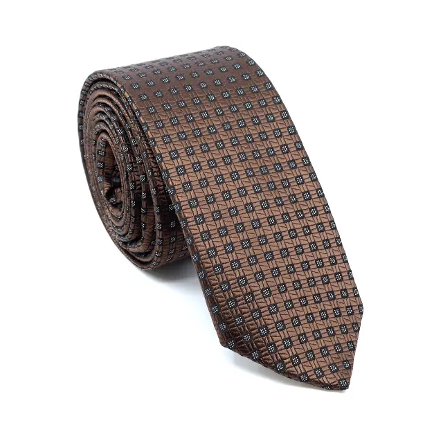 Γραβάτα Microfiber σε Καφέ Μοτίβο Σετ με Μαντηλάκι