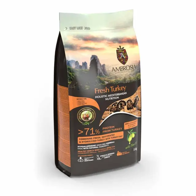 Ambrosia Mediterranean Diet Grain Free Senior Light & Sterilised Fresh Turkey 1.5kg Μονόχρωμο