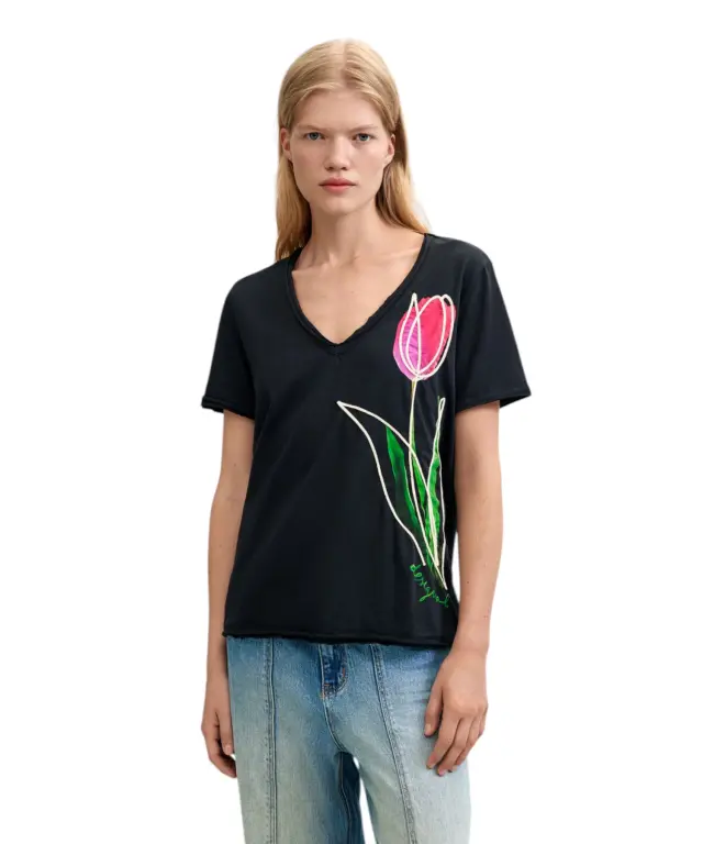 Desigual - Γυναικείο Βαμβακερό Μπλουζάκι Tulip 26WWTK38-2000 Μαύρο