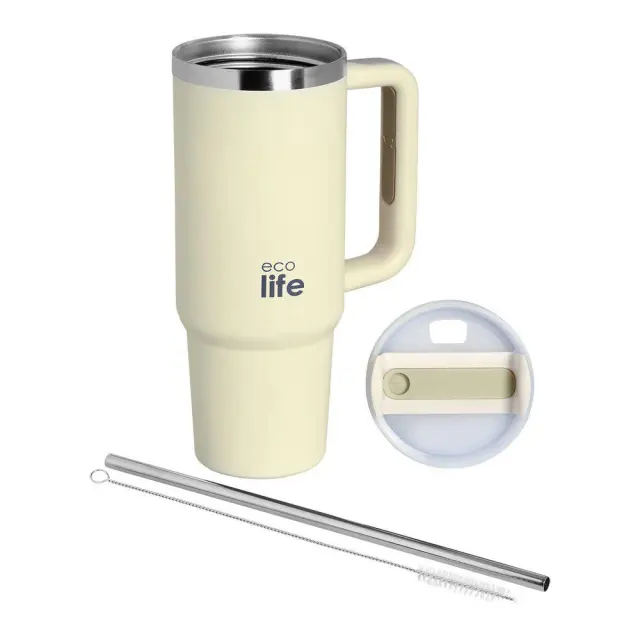 Ecolife® - Ανακυκλώσιμο Handled Tumbler Θερμός BPA Free 900ml- Cream.