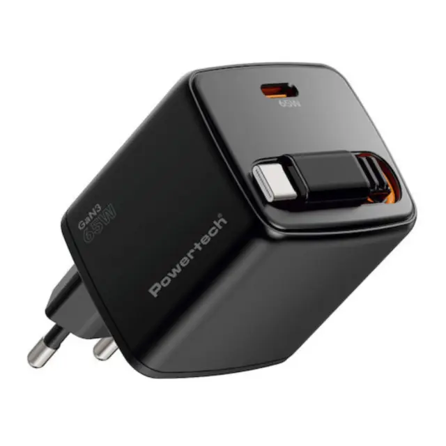 POWERTECH PT-1573 GaN3 Φορτιστής 65W με Πτυσσόμενο USB-C Καλώδιο, USB-C Θύρα, Power Delivery + Quick Charge – Μαύρος