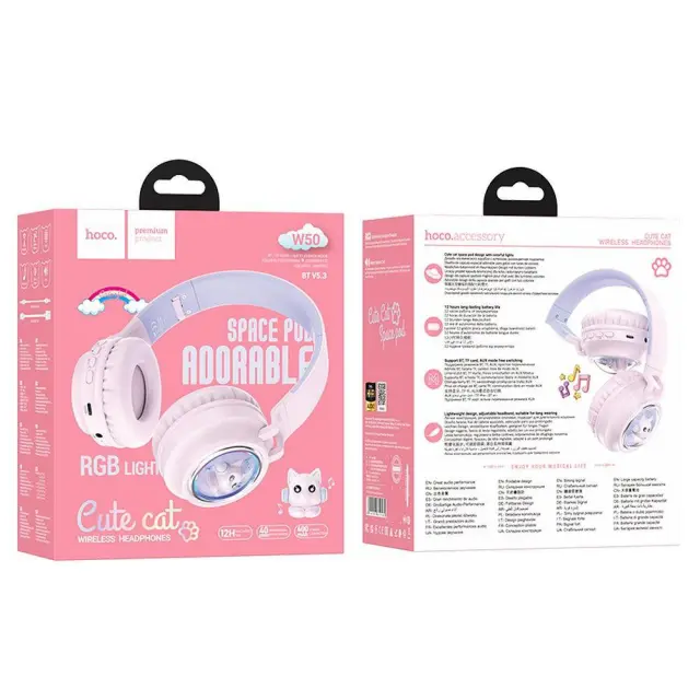 Hoco Ασύρματα/Ενσύρματα Over Ear Ακουστικά Ροζ W50 3
