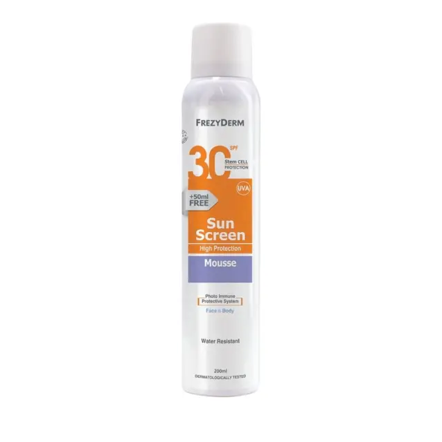 FREZYDERM Sun Screen Mousse SPF30 Αντηλιακό Προσώπου & Σώματος σε Μορφή Αφρού, 200ml