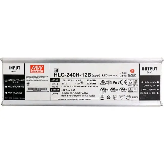 AC-DC Single output LED driver Mix mode (CV+CC) with built-in PFC; Output 12Vdc at 16A; IP67; Cable output; Dimming with 1-10V PWM resistance 240W