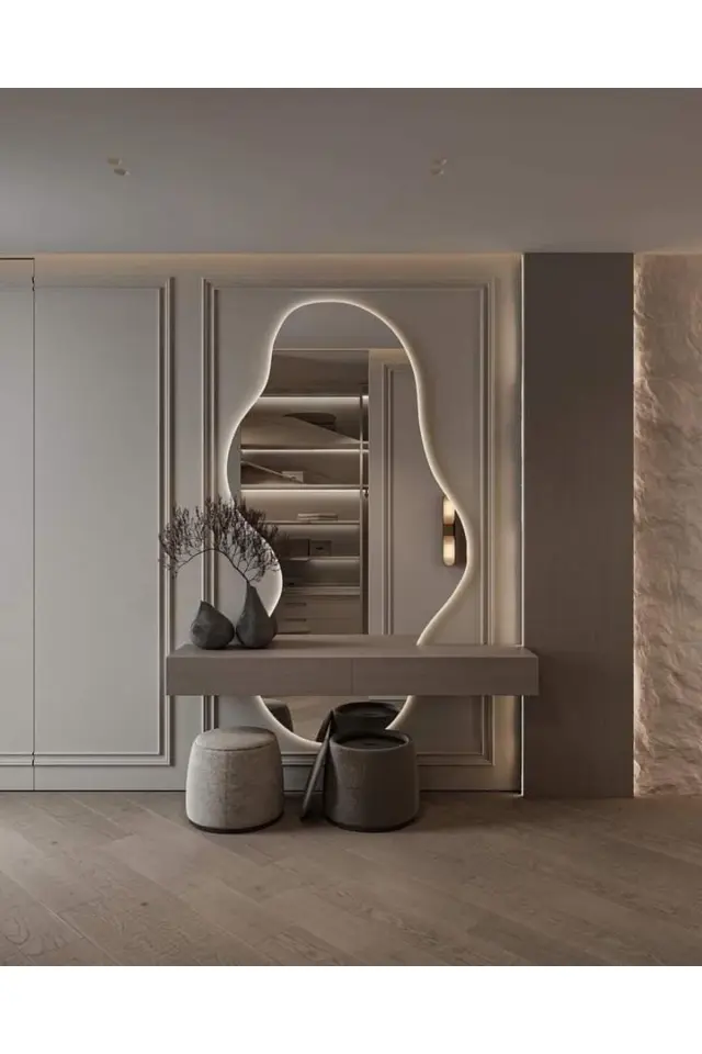 Stewehome Ασύμμετρος καθρέφτης τοίχου με LED φωτισμό και γκρι τόνους 180x80 cm