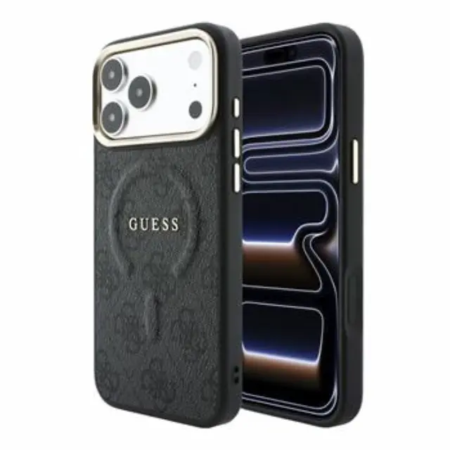 Guess PU Leather 4G Gold Frame Embossed MagSafe Case for iPhone 18 Pro Black