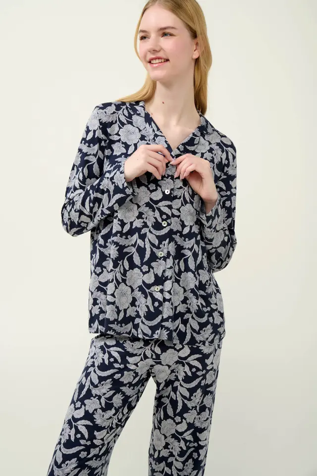 Vamp Γυναικεία Πιτζάμα Σεμιζιέ Micromodal Floral Blue Blazer 3