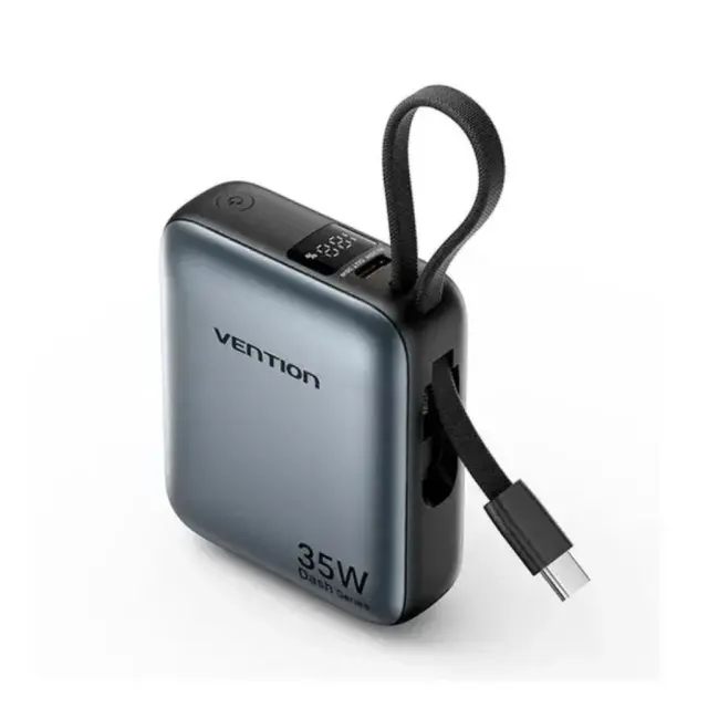 VENTION 10000mAh Mini Power Bank (USB-C + USB-C/Lightning) with Built-in USB-C and Lightning Cables 35W Gray (FHFH0) (VENFHFH0)