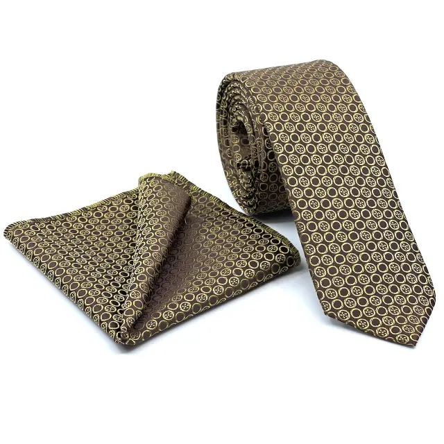 Γραβάτα Microfiber σε Καφέ Μοτίβο Σετ με Μαντηλάκι