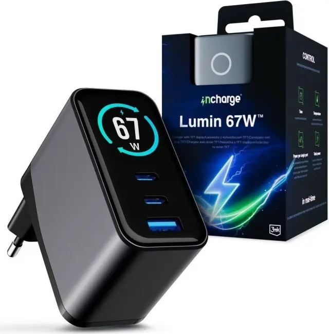 3MK® InCharge Lumin Φορτιστής 67W με Θύρες 1xUSB-A 2xUSB-C Display-Black