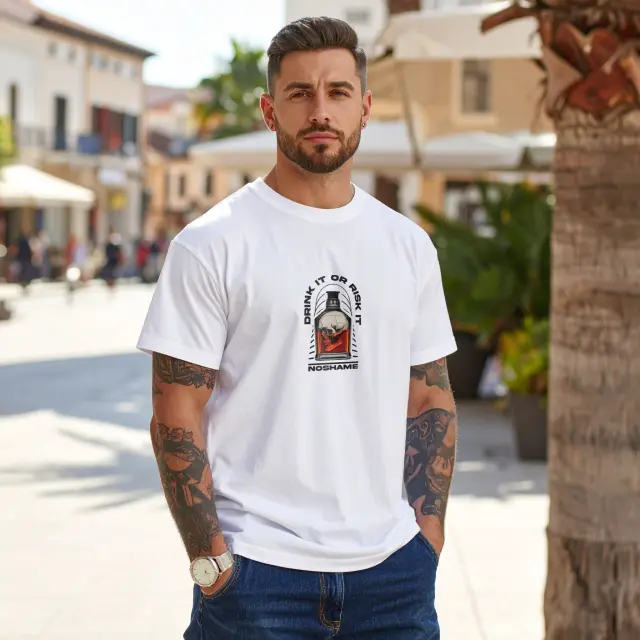 T-shirt Noshame® Λευκό με τύπωμα Drink it or Risk it - 122308 - XXL