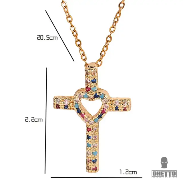 Ghetto Colourful CZ Cross 18k Pendant Necklace Full Diamond Hollow Heart 3