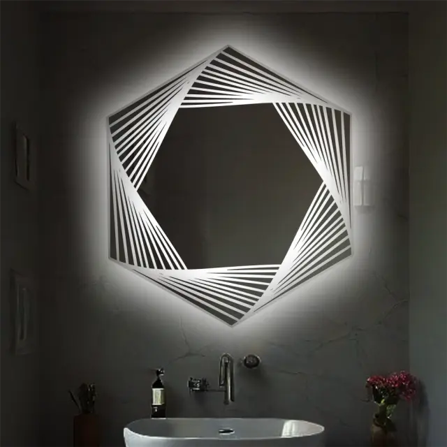 Stewehome Εξαγωνικός Καθρέπτης Μπάνιου με LED & Σχέδιο Λέιζερ 70x80x80 cm 3