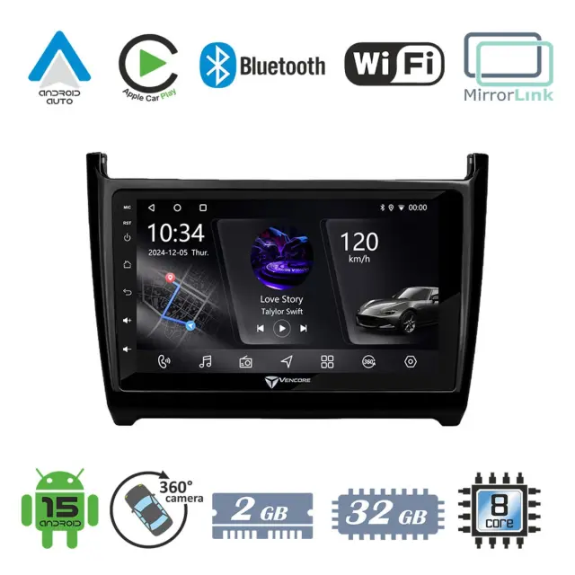 VenCore Οθόνη Multimedia Android 15 9" PX5S Octa-Core 2GB/32GB IPS με Πρόσοψη, CarPlay, Android Auto και Υποστήριξη Κάμερας 360° για VW Polo 2009-2017 – Μαύρη (3236-10005-0069B)