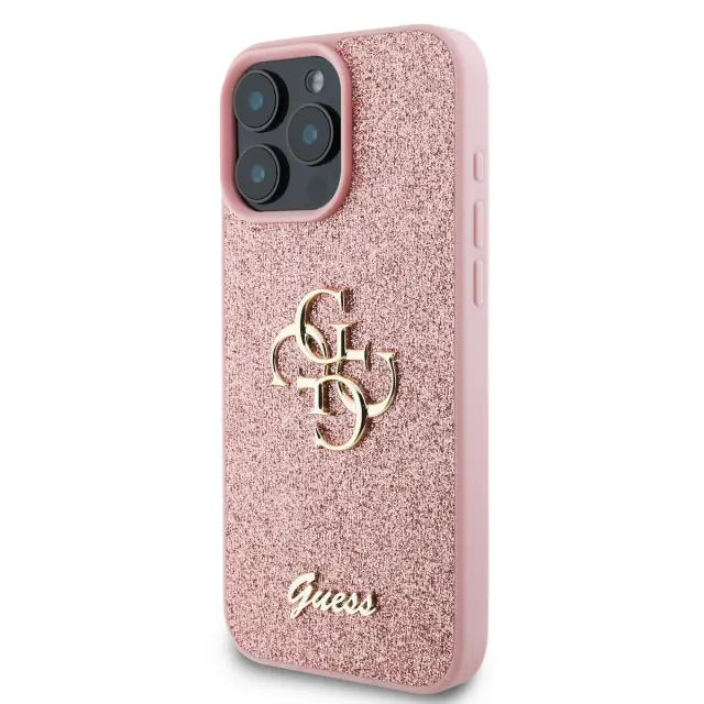 Guess PU Fixed Glitter 4G Metal Logo Case for iPhone 16 Pro Pink 3