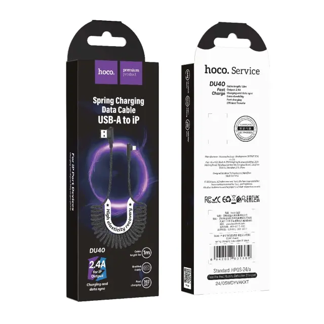 Καλώδιο σύνδεσης Hoco. DU40 Guard USB σε Lightning 2.4A Spring Cable Braided Μαύρο 0.45-1m 2