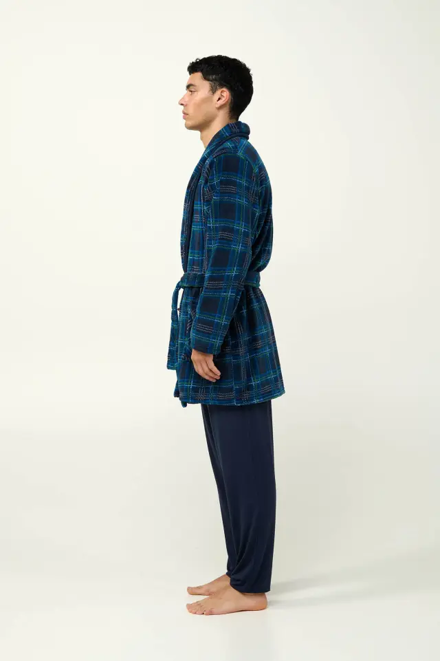 Fleece Καρό Χειμερινή Ανδρική Ρόμπα Vamp 23790 BLUE 2