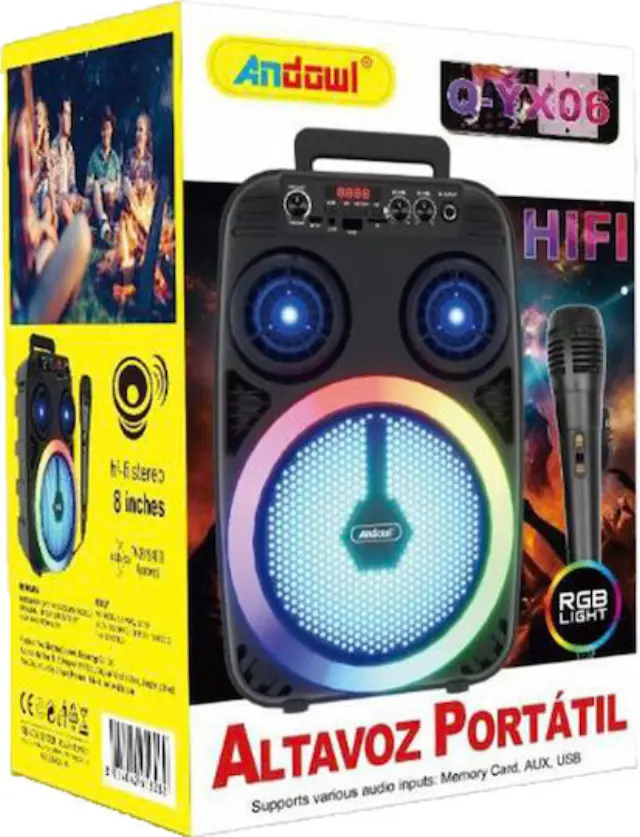 Ασύρματο Bluetooth Φορητό Ηχείο και Karaoke 8” με Μικρόφωνο, USB και Είσοδο Κάρτας Μνήμης Μαύρο Andowl Q-YX06