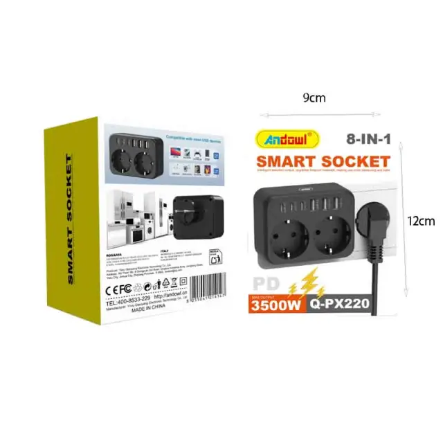Andowl Πολύπριζο 8 σε 1 με 2 Πρίζες & 6 Θύρες USB 3500W Q-PX220- Smart Socket 0751108 2