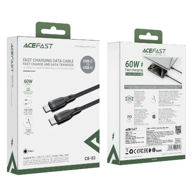 Καλώδιο σύνδεσης Acefast C8-03 USB-C σε USB-C 60W Braided Μαύρο 1.2m 2
