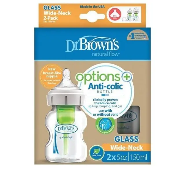 Dr. Brown's Natural Flow Options+ 0m+ Γυάλινο Μπιμπερό με Φαρδύ Λαιμό και Θηλή Σιλικόνης, 2τμχ x 150ml