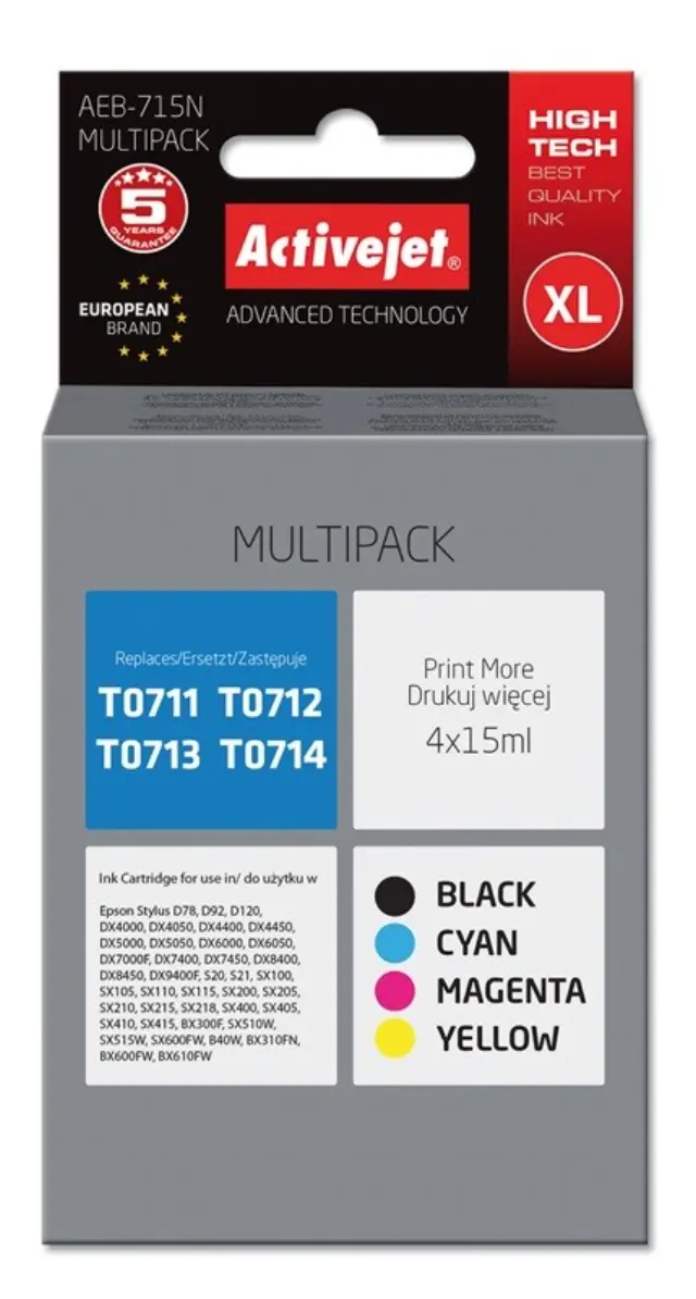 Activejet AEB-715N Ink (replacement for Epson T0715 Supreme 4 x 15 ml black, magenta, cyan, yellow)
