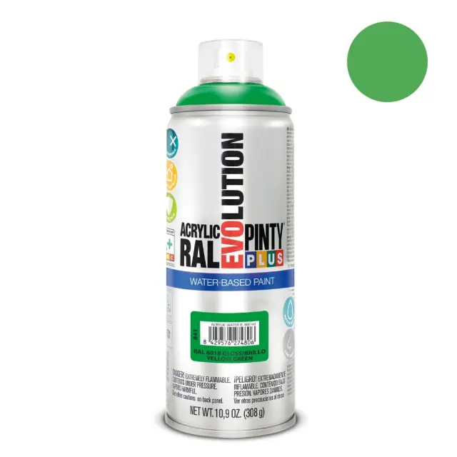 Pinty Plus Evolution Water-Based Gloss Σπρέι βαφής ακρυλικό με βάση το νερό 400ml Yellow Green / RAL 6018