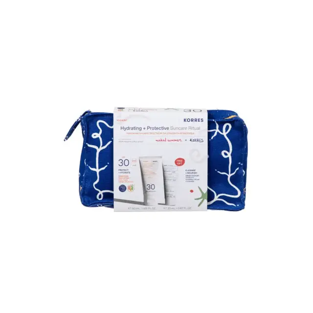 Korres Promo Hydrating & Protective Suncare Ritual Υψηλή Αντηλιακή Προστασία με Yoghurt Αντηλιακή Κρέμα Προσώπου SPF30, 50ml, Greek Yoghurt Αφρώδης Κρέμα Καθαρισμού με Προβιοτικά, 20ml & Δώρο Naked Summers x Korres Νεσεσέρ, 1τεμ, 1σετ