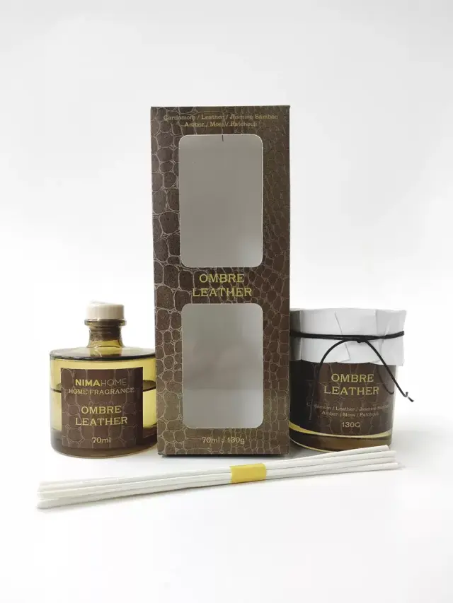 Σετ Αρωματικό Χώρου Ombre Leather Ένα χρώμα Αρωματικό με Στικ 70ml + Αρωματικό Κερί 130gr