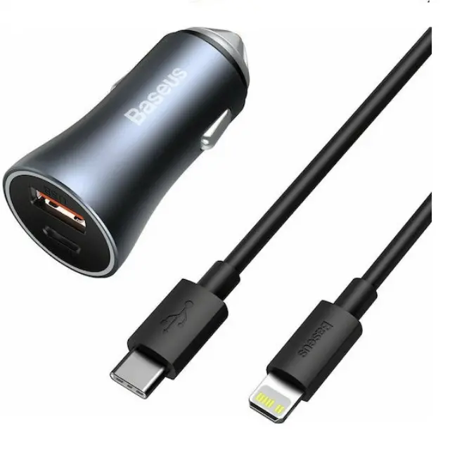 Baseus Φορτιστής Αυτοκινήτου Golden Contactor Pro USB-C / USB-A 40W PD3.0 QC4 SCP FCP AFC with USB-C Cable to Lightning Gray