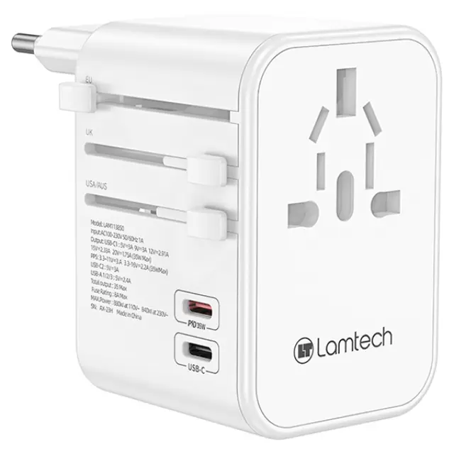 Αντάπτορας Ρεύματος Lamtech Travel Adapter 35W 3x USB & 2x USB-C White (LAM113850)