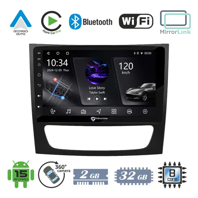 VenCore Οθόνη Multimedia Android 15 9" PX5S Octa-Core 2GB/32GB IPS με Πρόσοψη, CarPlay, Android Auto και Υποστήριξη Κάμερας 360° για Mercedes CLS Class C219 2004-2010 – Μαύρη (3236-10005-0760B1)
