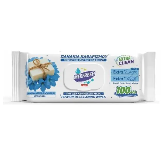 Merfresh Υγρά μαντηλάκια Καθαρισμού Γενικής Χρήσης με Καπάκι 100τμχ Λευκό Σαπούνι