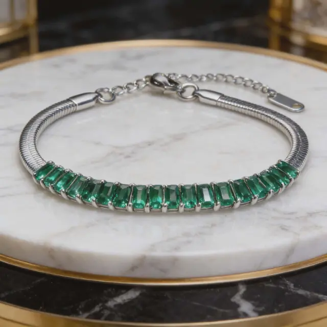 Green Baguette Crystal Bracelet Silver Stainless Steel