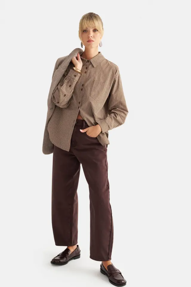 Attrattivo Πουκάμισο ριγέ oversized Καφέ