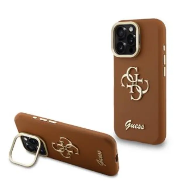 Guess PU Grained 4G Logo Stand Camera Frame Case for iPhone 15 Pro Max Brown