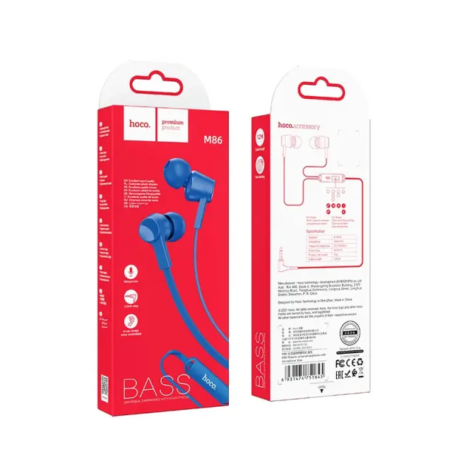 Hands Free Hoco M86 Oceanic Universal Earphones Deep Bass Stereo με 3.5mm Γωνιακό Κονέκτορα Μπλε 1.2m 2
