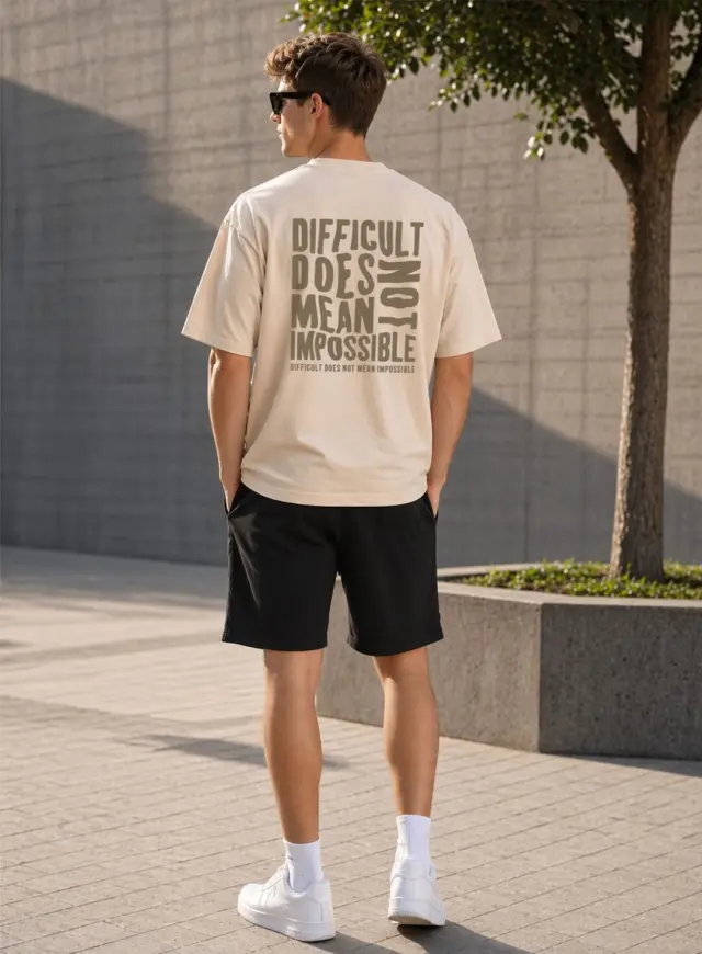 Noshame® Σετ T-shirt Oversized & Βερμούδα Μπεζ-Μαύρο με τύπωμα - 752615 - XXL