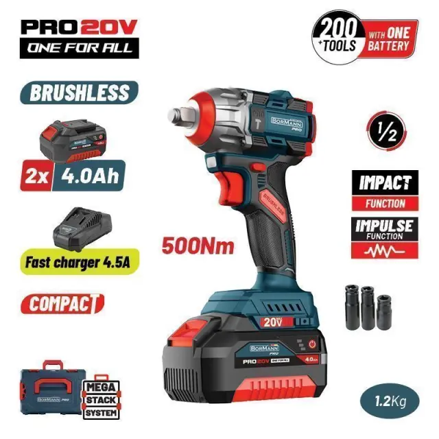 Bormann Pro BBP5422X44CA - Μπουλονόκλειδο Compact Brushless Mπαταρίας 20V Li-Ion, 500Nm με 2 Μπαταρίες 4Αh (2x4Αh) + Φορτιστή σε Βαλίτσα (083245)