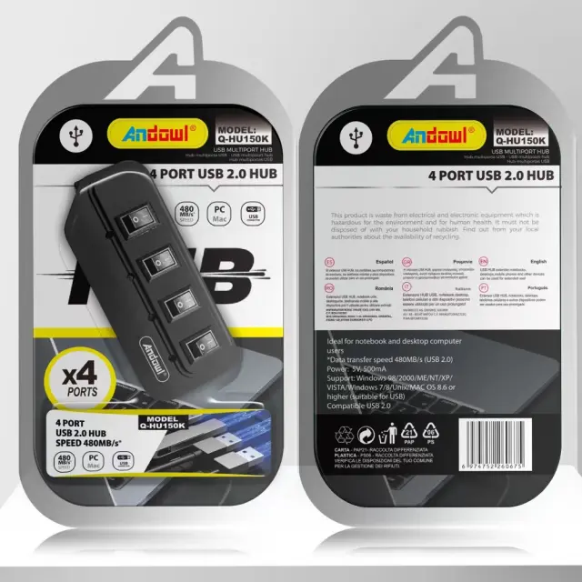 Andowl USB Hub 4 Θύρες 2.0 με Διακόπτες Q-HU150K 2