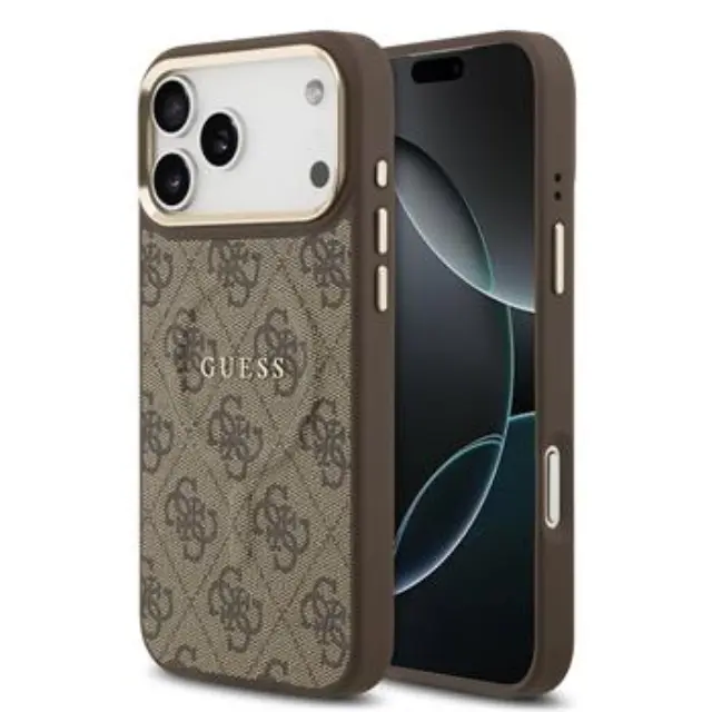 Guess PU Leather 4G Gold Frame MagSafe Case for iPhone 17 Pro Max Brown