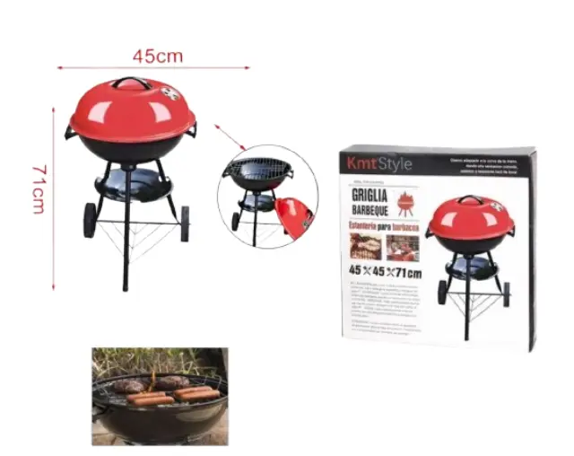 KMT Style Στρογγυλή Φορητή Ψησταριά Κάρβουνου για BBQ με Ροδάκια 45x45εκ. Μαύρη-Κόκκινη 2
