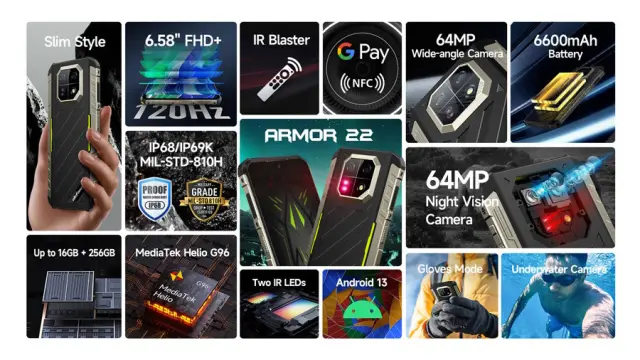 ULEFONE smartphone Armor 22, 6.58", 8/128GB, 6600mAh, IP68/IP69K, μαύρο 2