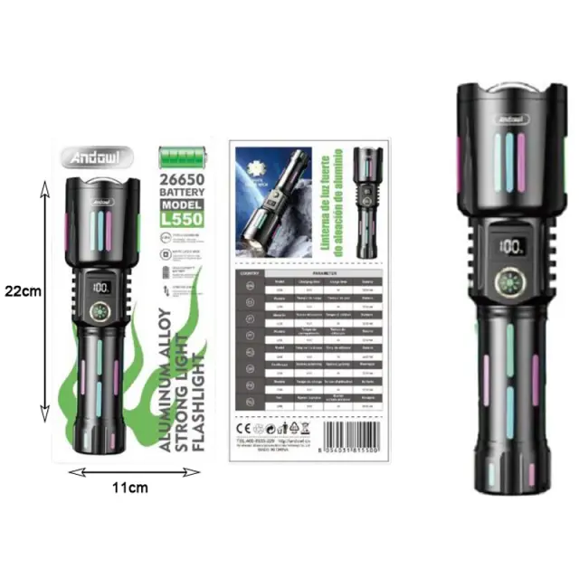 Andowl Επαναφορτιζόμενος Φακός Led 3200mAh με 5 λειτουργίες με δυνατότητα ζουμ L550 - Aluminum Alloy Strong Light Flashlight 075626 3