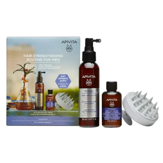 Apivita Promo Hair Strengthening Routine for Men Πρόγραμμα Ενδυνάμωσης Μαλλιών για Άνδρες με Hair Loss Lotion Λοσιόν κατά της Τριχόπτωσης, 150ml & Δώρο Mini Tonic Shampoo Τονωτικό Σαμπουάν, 75ml & Scalp Brush Massager, 1σετ