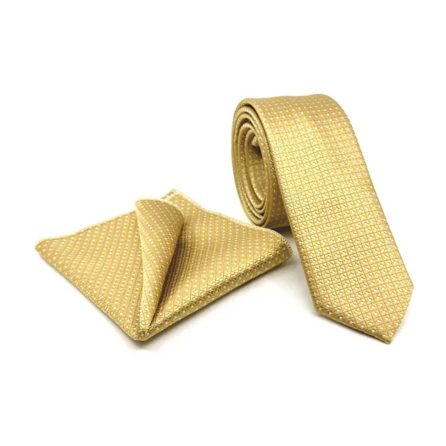 Χρυσαφί–Εκρού Γραβάτα Μικρό Καρό Microfiber Σετ με Μαντήλι 6,5 cm