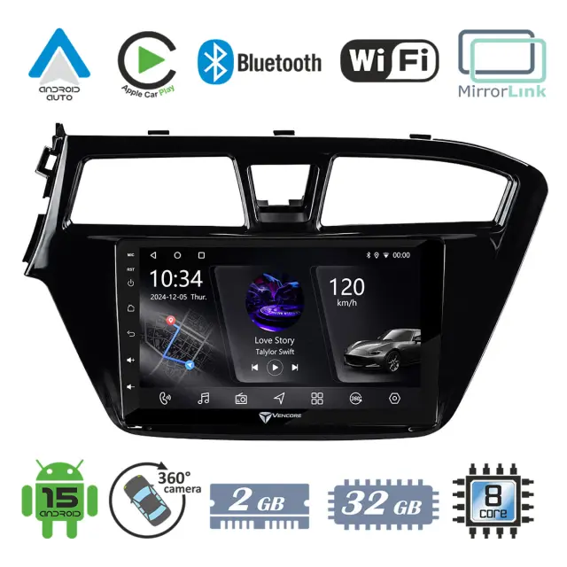 VenCore Οθόνη Multimedia Android 15 9" PX5S Octa-Core 2GB/32GB IPS με Πρόσοψη, CarPlay, Android Auto και Υποστήριξη Κάμερας 360° για Hyundai i20 2014-2018 – Μαύρη (3236-10005-0508B)